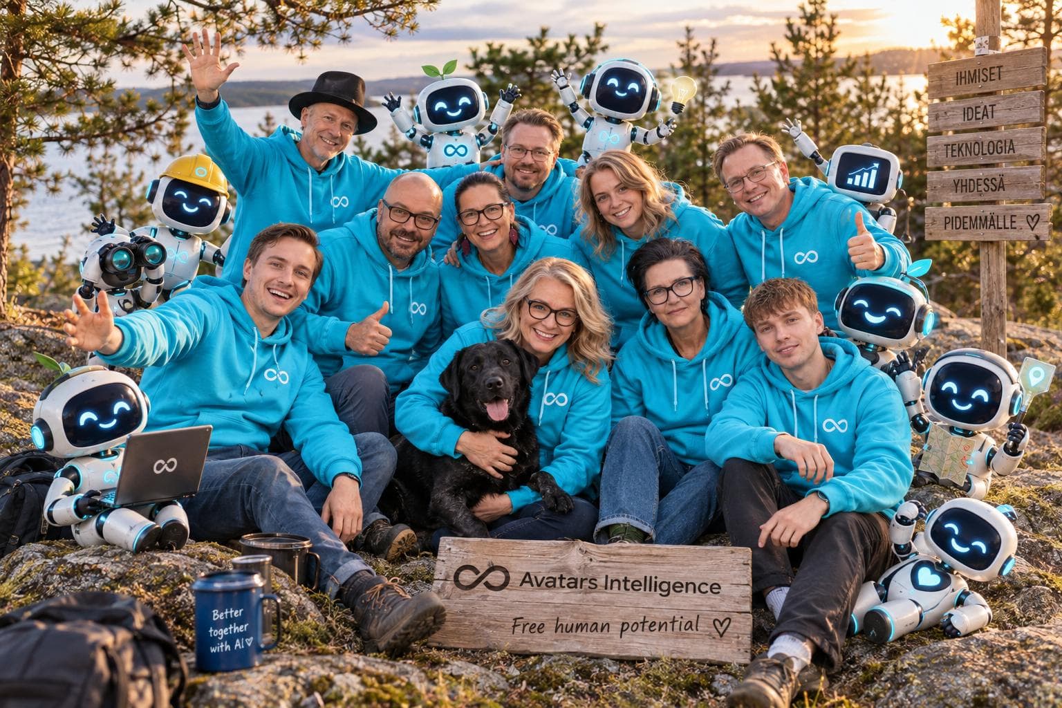 Avatars Intelligence -tiimi ja AI-agentit yhteisessä ryhmäkuvassa järvimaisemassa